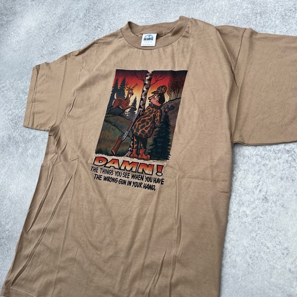 Vintage 90s Style Light Brown Funny Cartoon Hunting Gun Graphic Cotton T-Shirt - Picture 6 of 8